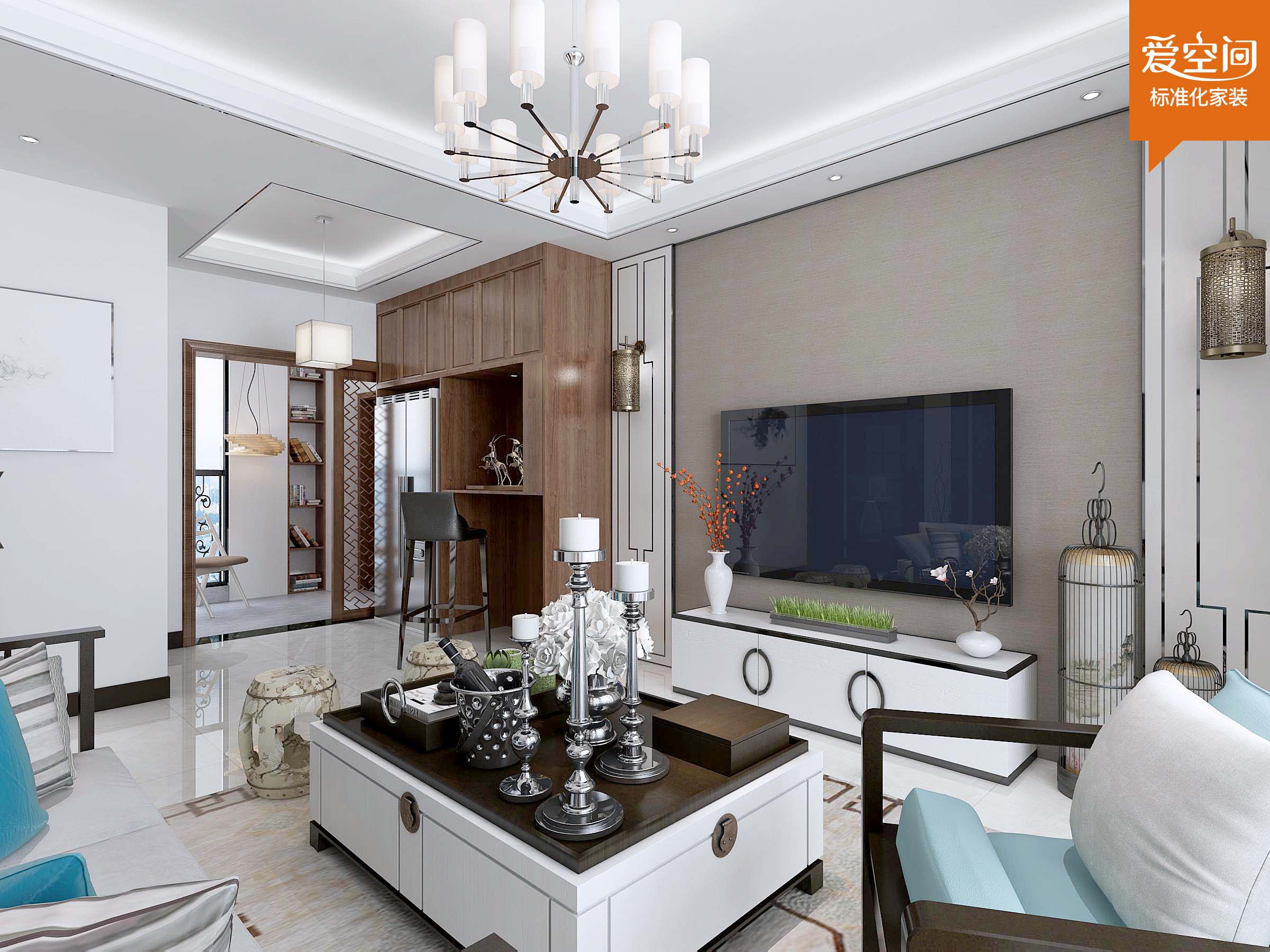 新中式风格88平二居室客厅电视墙设计效果图