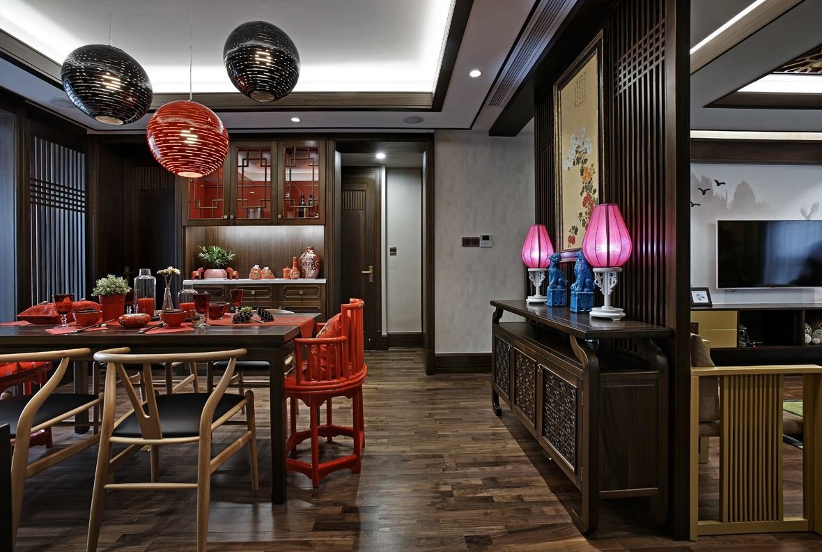 新中式风格元素餐厅家具摆放装修效果图片