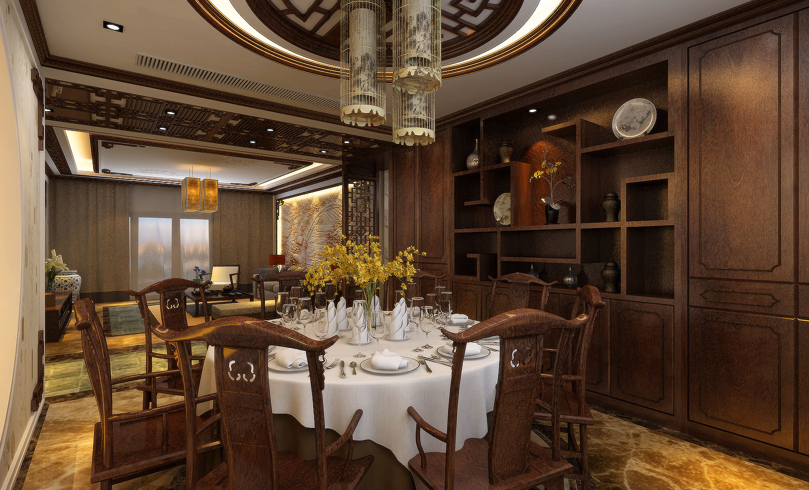 中式别墅餐厅实木餐桌装修效果图片大全