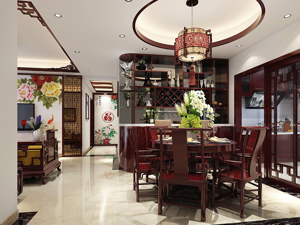 中式别墅家装餐厅酒柜装修效果图