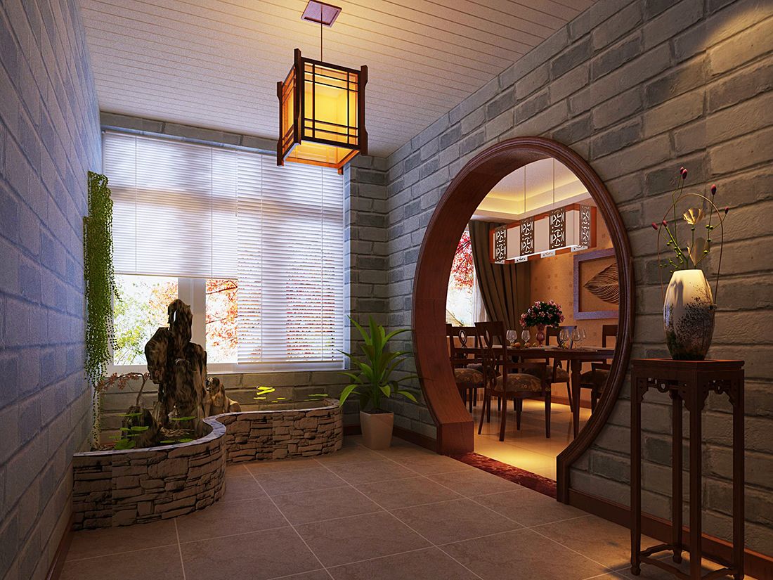中式别墅入户阳台花园装修效果图
