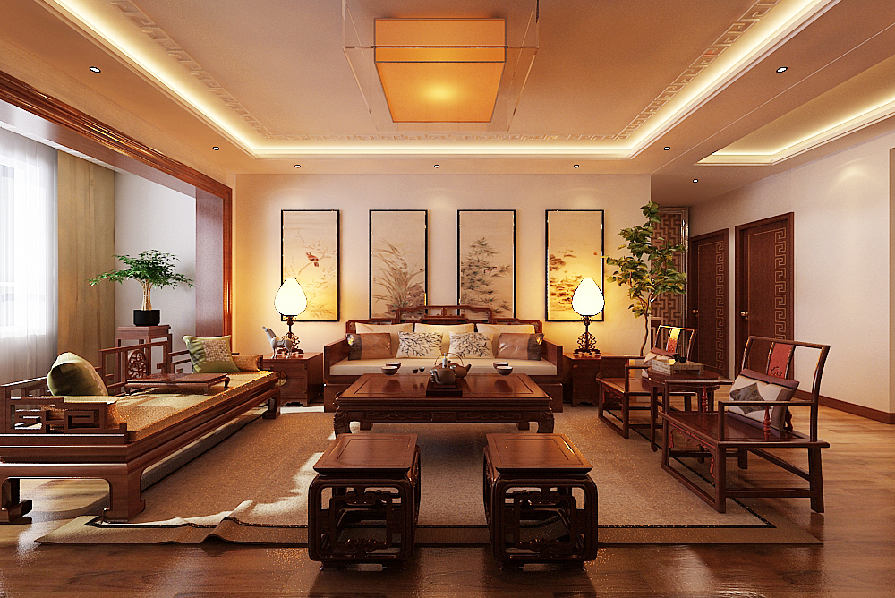 中式别墅实木沙发装修效果图片大全