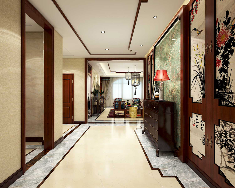 中式别墅玄关走廊设计效果图