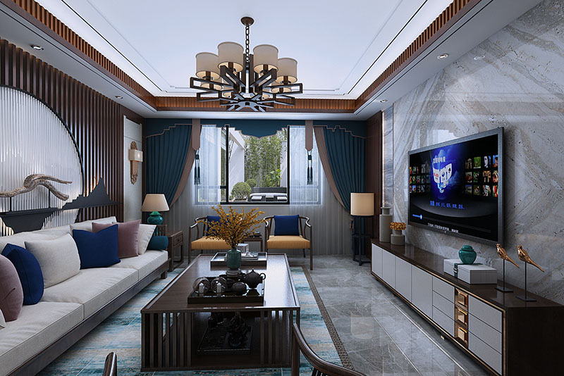 中式风格新房客厅电视背景墙瓷砖设计效果图片