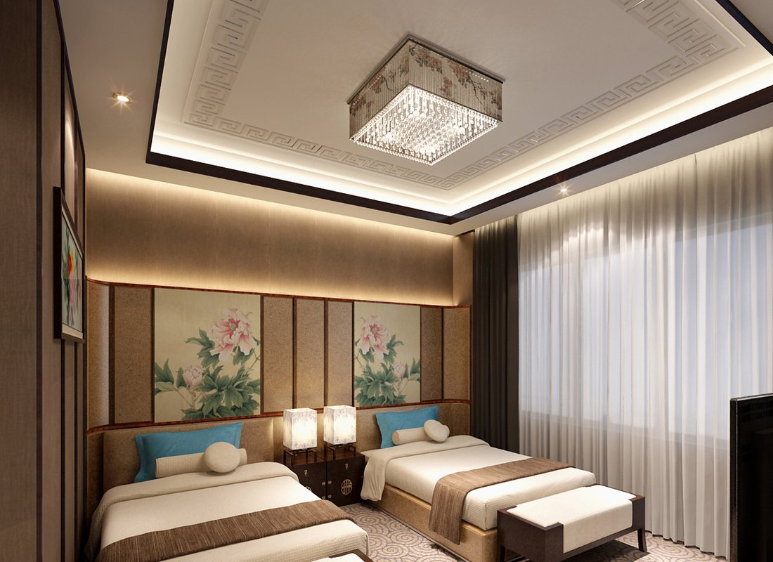 中式酒店设计元素卧房吸顶灯装修效果图片
