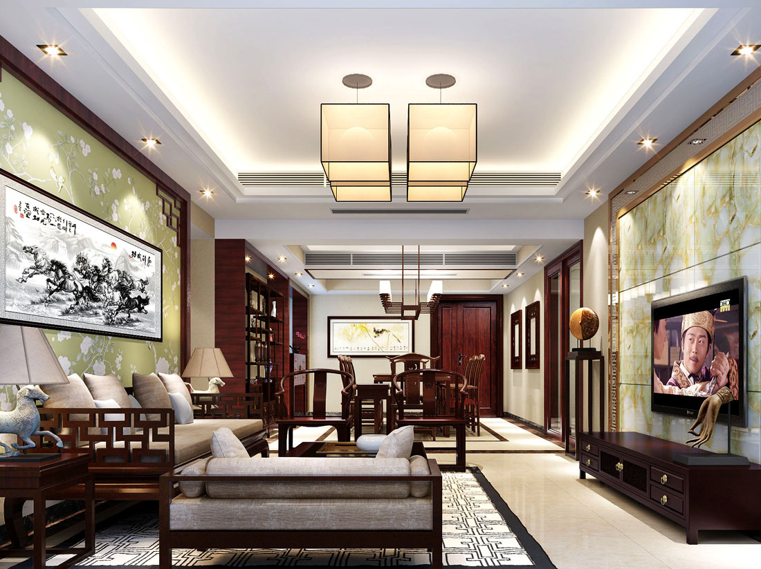 中式家居别墅客厅设计元素效果图