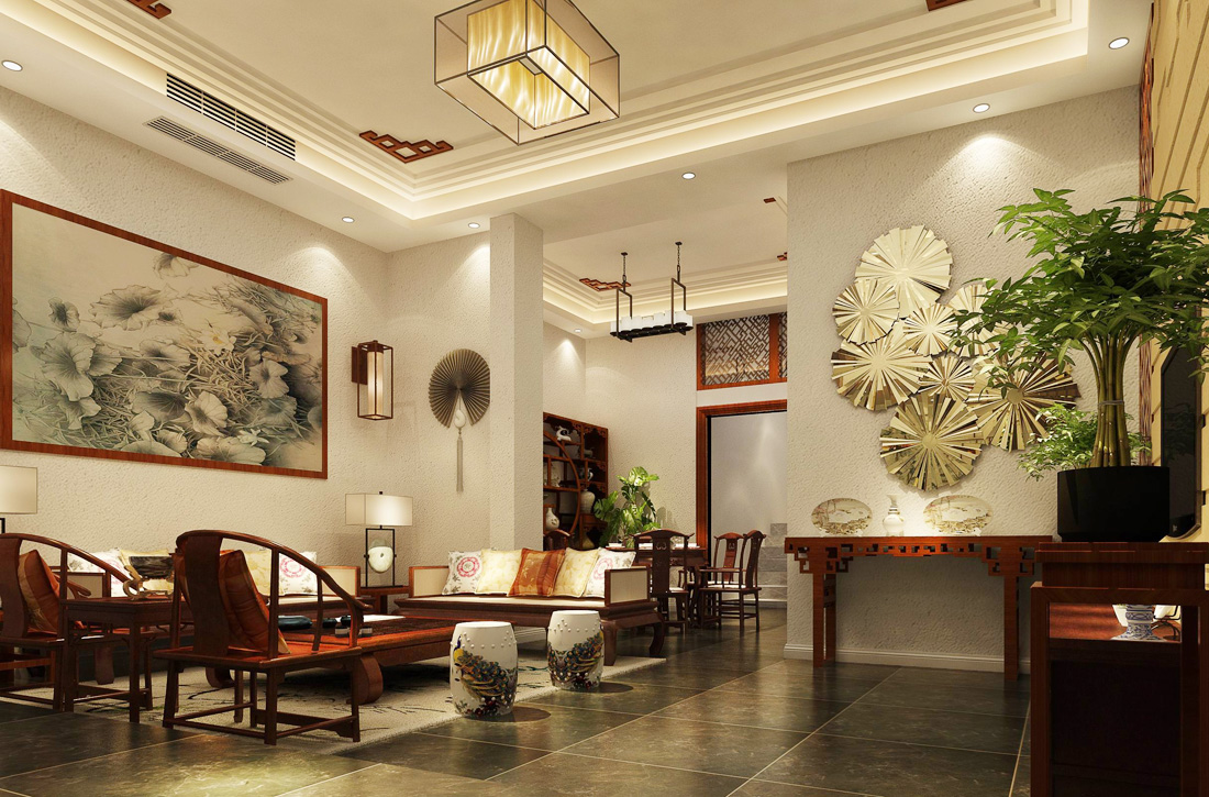 中式简约别墅家具客厅装修效果图片