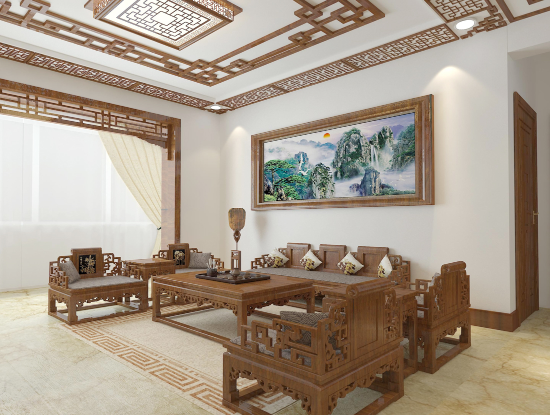 中式简约风格别墅客厅沙发背景墙装修效果图片
