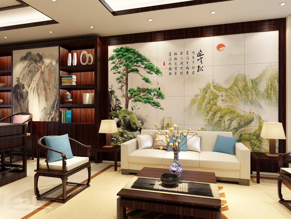中式室内设计别墅客厅沙发背景墙装修效果图片
