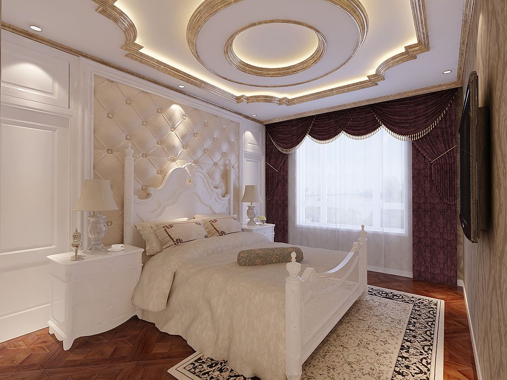 主卧室床头设计白色护墙板效果图