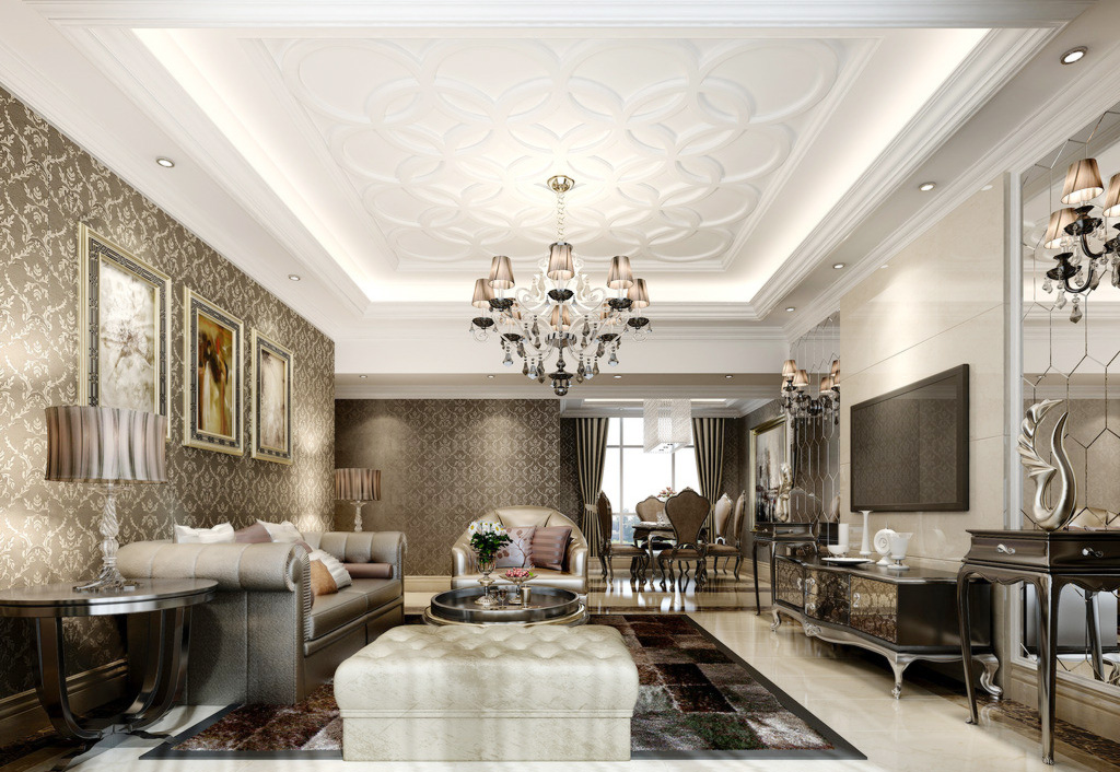 最新欧式二层别墅客厅背景墙装饰装修效果图片